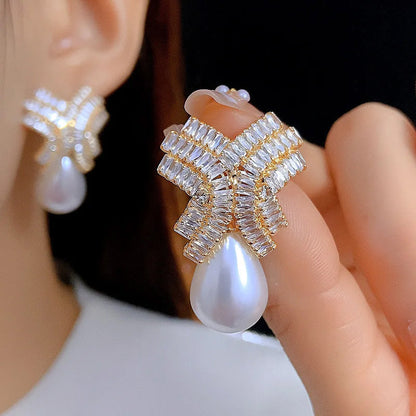 Madeline Crystal Bow Pearl Earrings