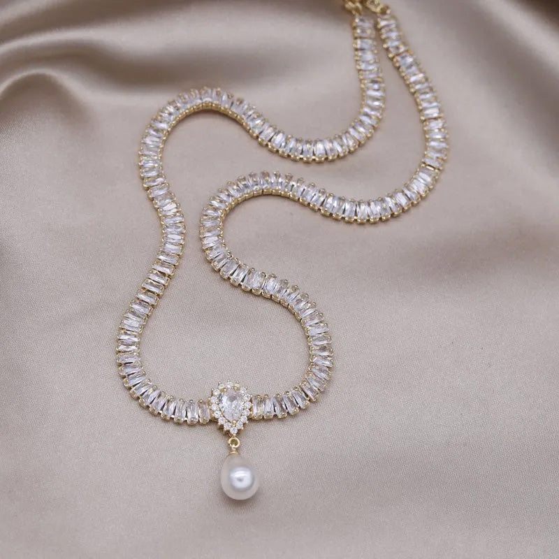 Olivia Crystal Pearl Drop Necklace