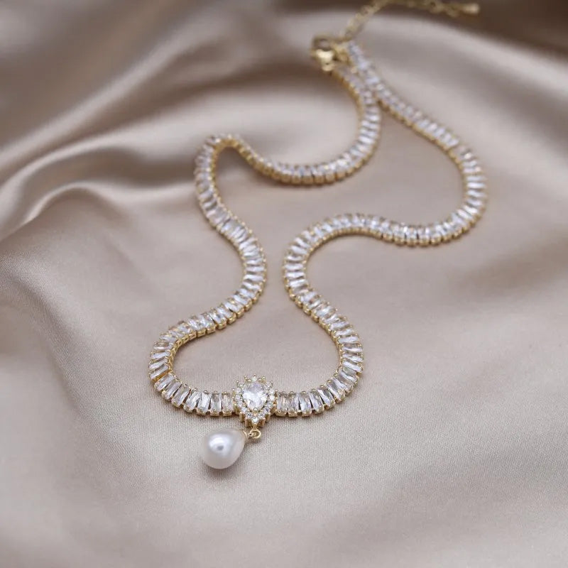 Olivia Crystal Pearl Drop Necklace